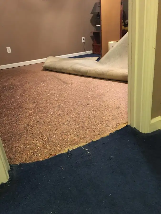 Carpet pad removal revealing water damage during Drying & Dehumidification in Half Moon Bay